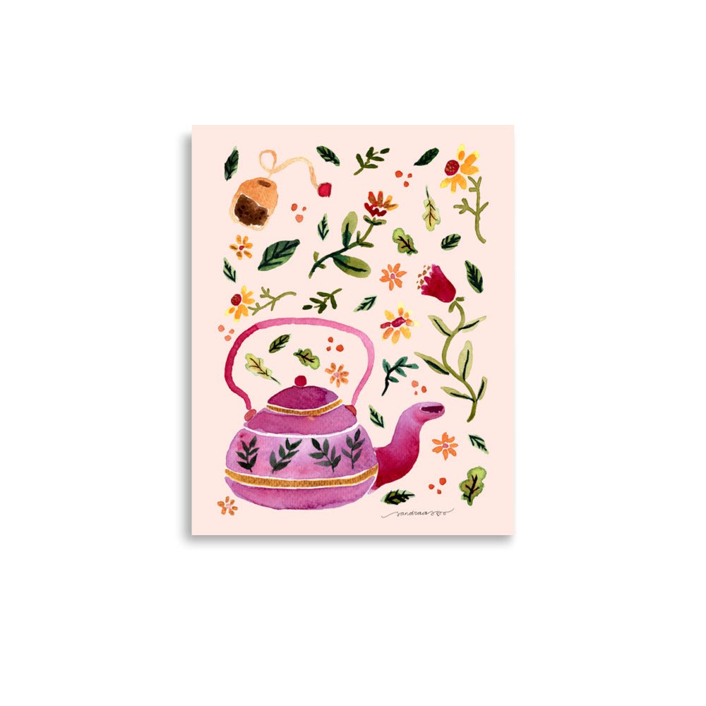Watercolor Autumn Tea Time Poster • Cozy Teapot, Cups & Fall Leaves Wall Art • Rustic Seasonal Illustration Print - SANDRAAS