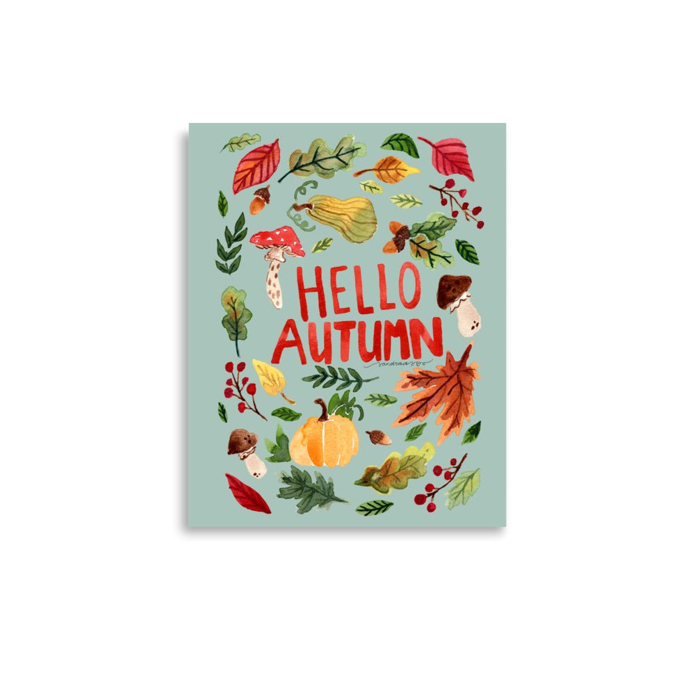 Hello Autumn Poster • Watercolor Pumpkin, Toadstool & Fall Leaves Wall Art • Seasonal Cozy Green Background Illustration Print - SANDRAAS