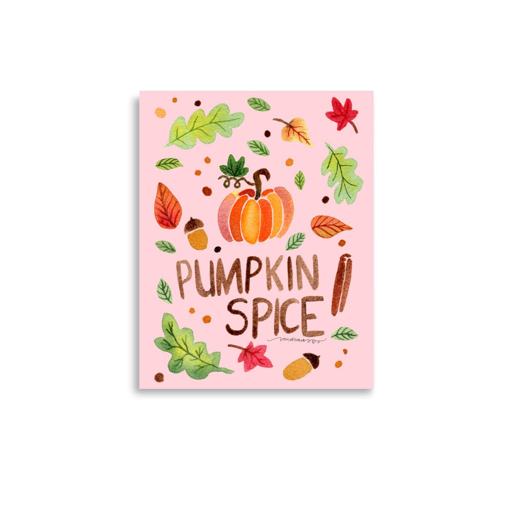 Pumpkin Spice Poster • Watercolor Pumpkin, Cinnamon & Autumn Leaves Wall Art • Cozy Fall Illustration on Pink Background - SANDRAAS