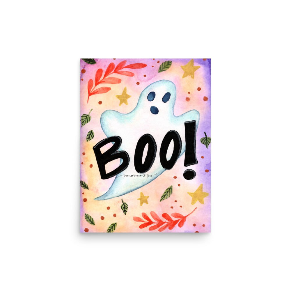 Cute Ghost Halloween Poster 👻🎃 | Watercolor Illustration with ‘Boo!’ Text – Spooky Cute Wall Art - SANDRAAS
