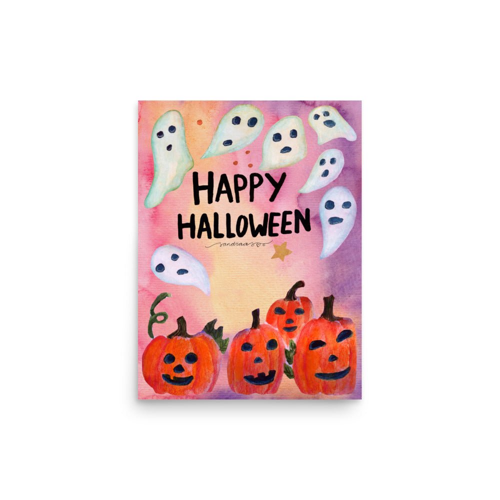 "Happy Halloween Poster 🎃👻 | Watercolor Pumpkins & Ghosts Illustration – Spooky Cute Wall Art" - SANDRAAS