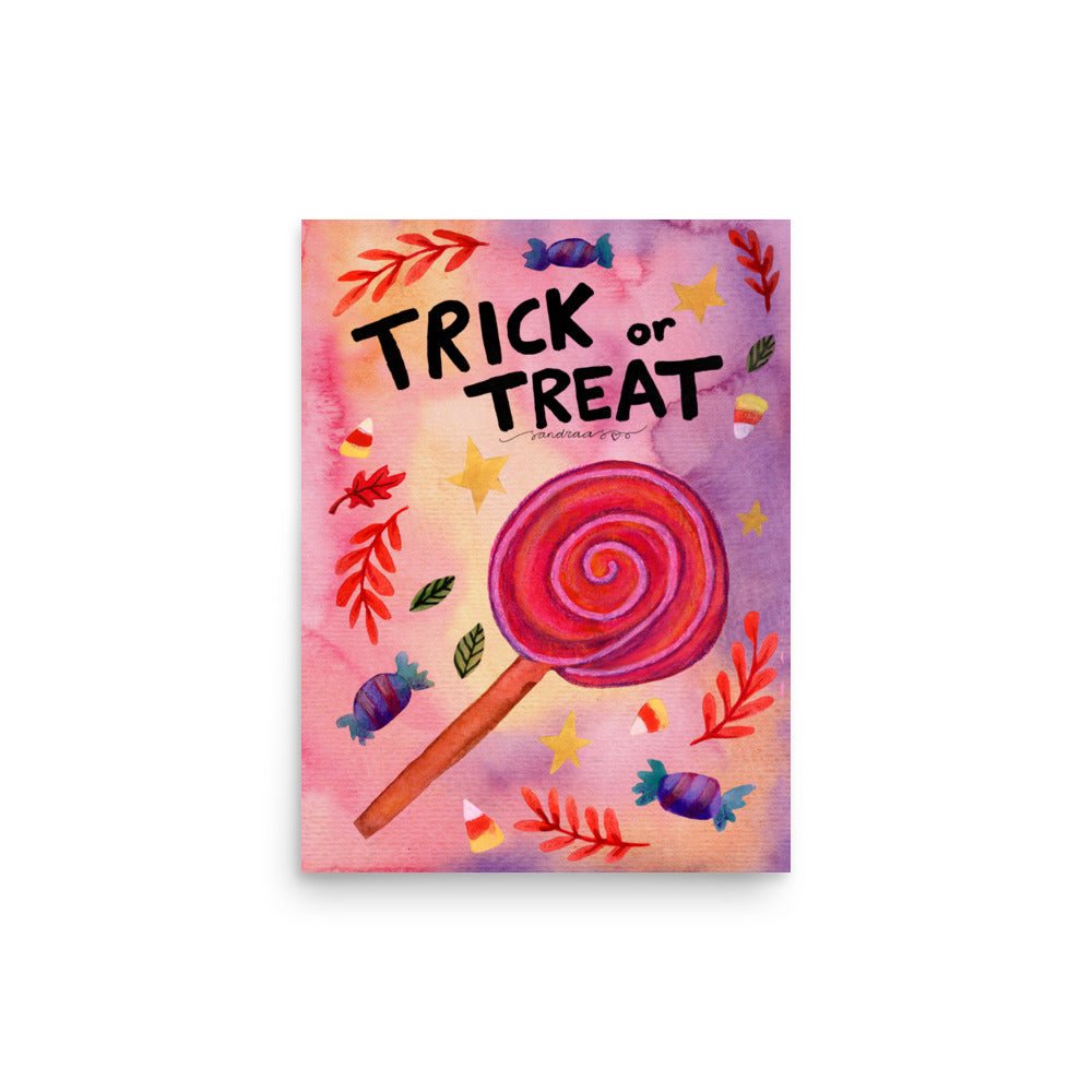 Trick or Treat Halloween Poster 🎃🍬👻 | Watercolor Illustration + Hand Lettered Text – Spooky Cute Wall Art - SANDRAAS