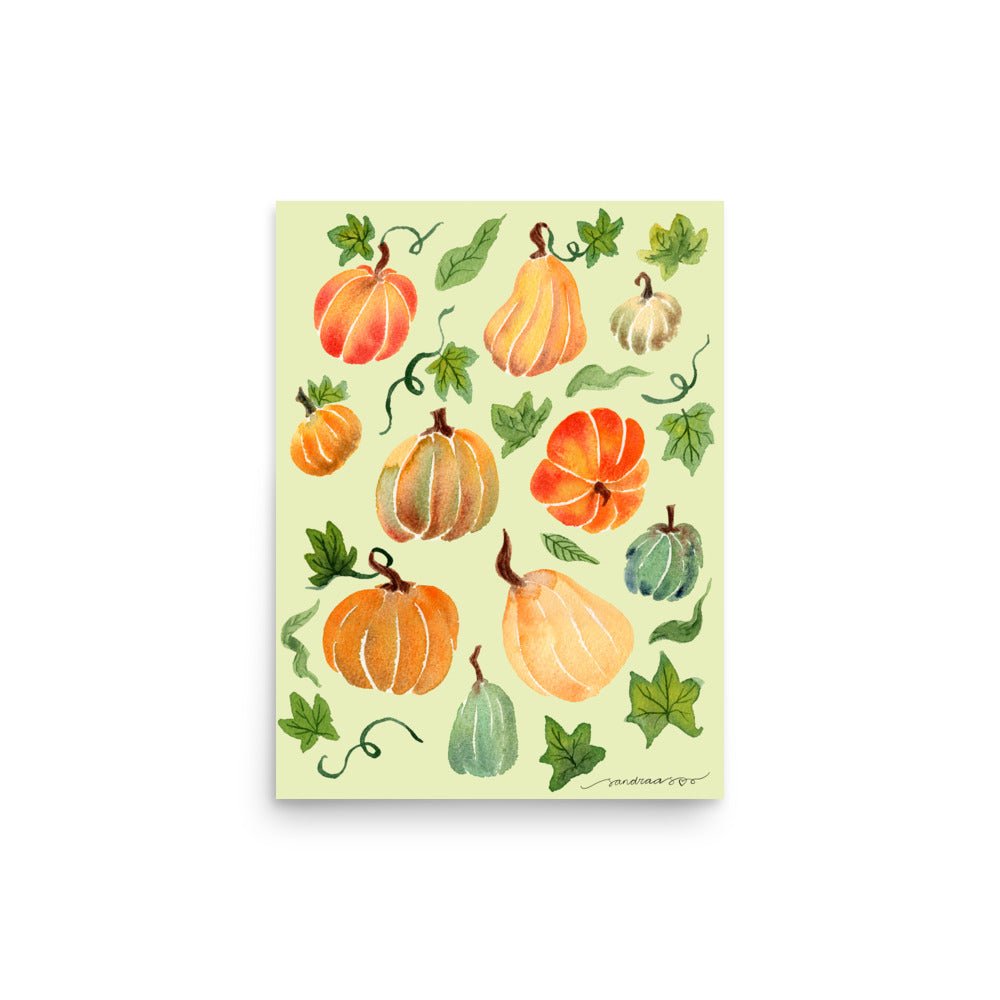 Watercolor Pumpkin Poster • Cozy Autumn Fall Wall Art • Orange Pumpkins on Light Green Background Illustration Print - SANDRAAS