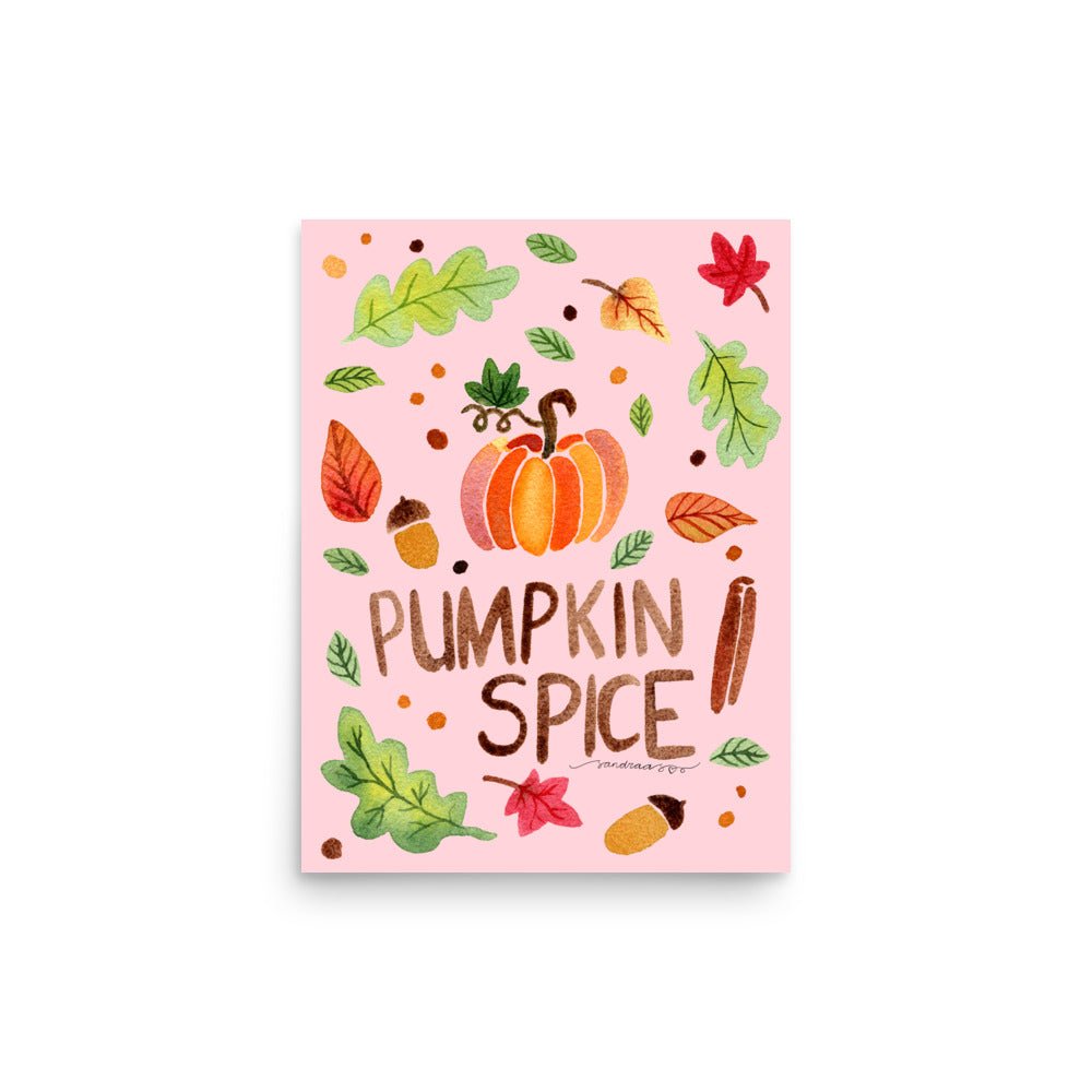 Pumpkin Spice Poster • Watercolor Pumpkin, Cinnamon & Autumn Leaves Wall Art • Cozy Fall Illustration on Pink Background - SANDRAAS