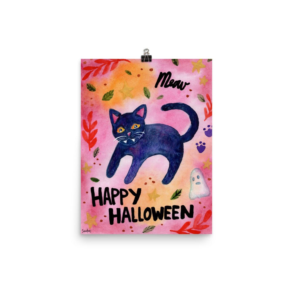 Halloween Black Cat "Meow" Poster – Spooky & Cute Decor 🎃🐈⬛ - SANDRAAS