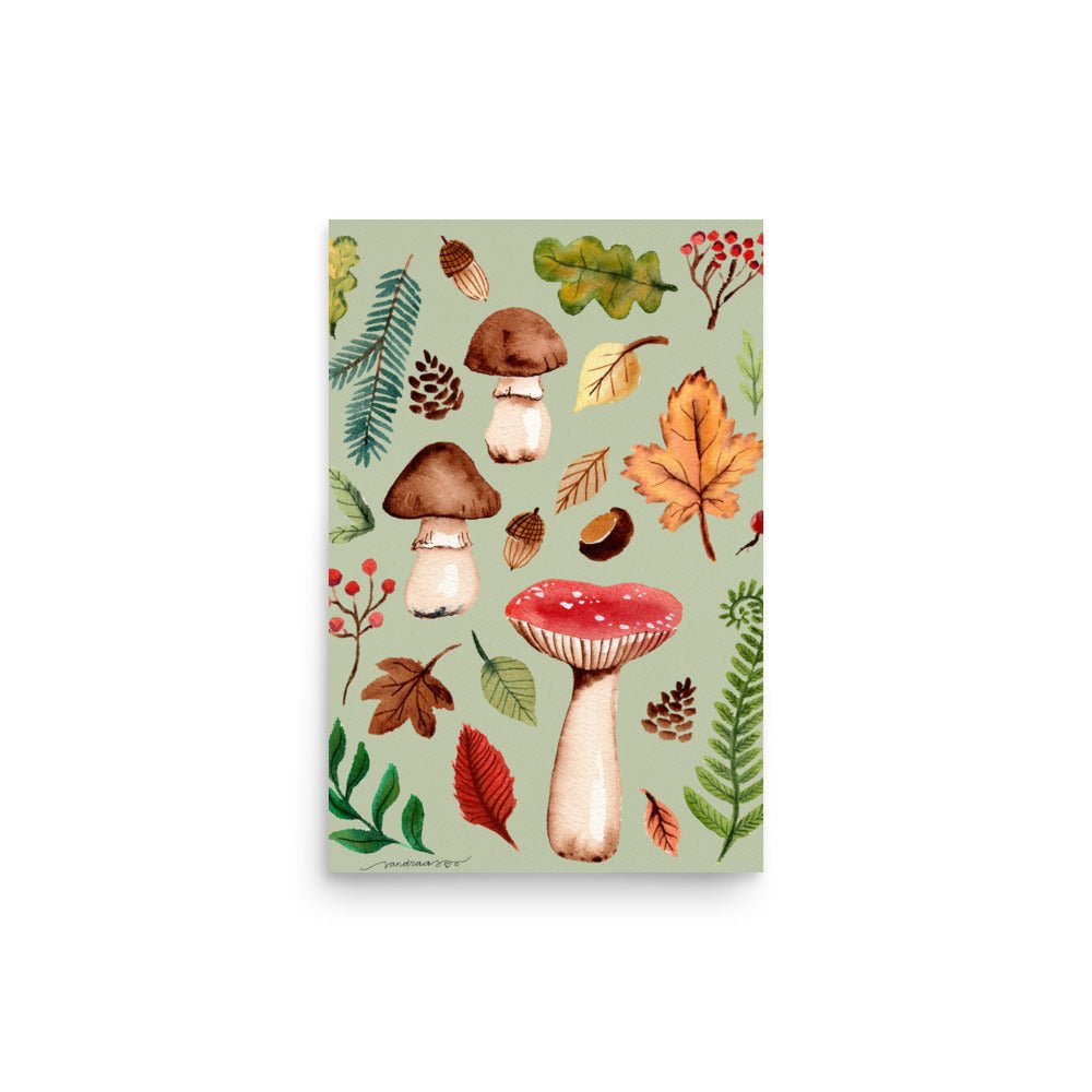 Autumn Mushrooms & Leaves Watercolor Poster • Cozy Fall Nature Wall Art • Botanical Woodland Illustration Print - SANDRAAS