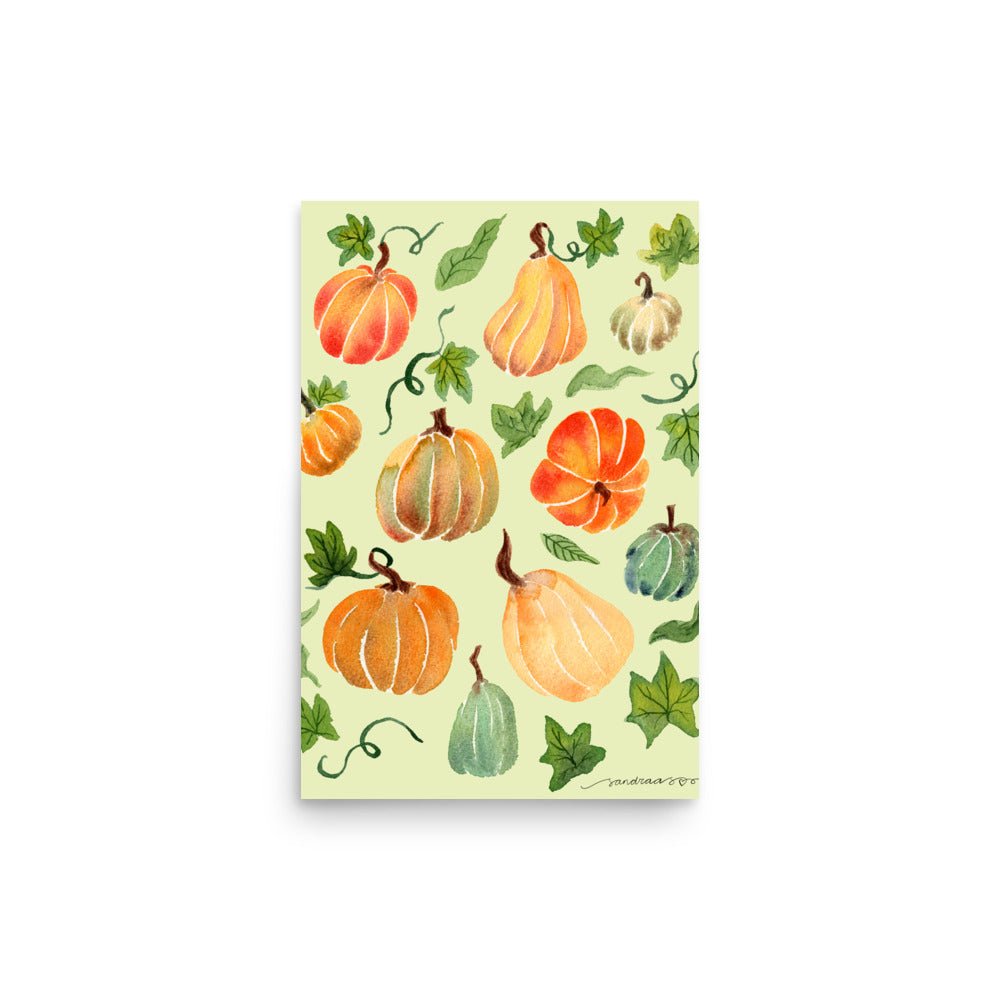 Watercolor Pumpkin Poster • Cozy Autumn Fall Wall Art • Orange Pumpkins on Light Green Background Illustration Print - SANDRAAS