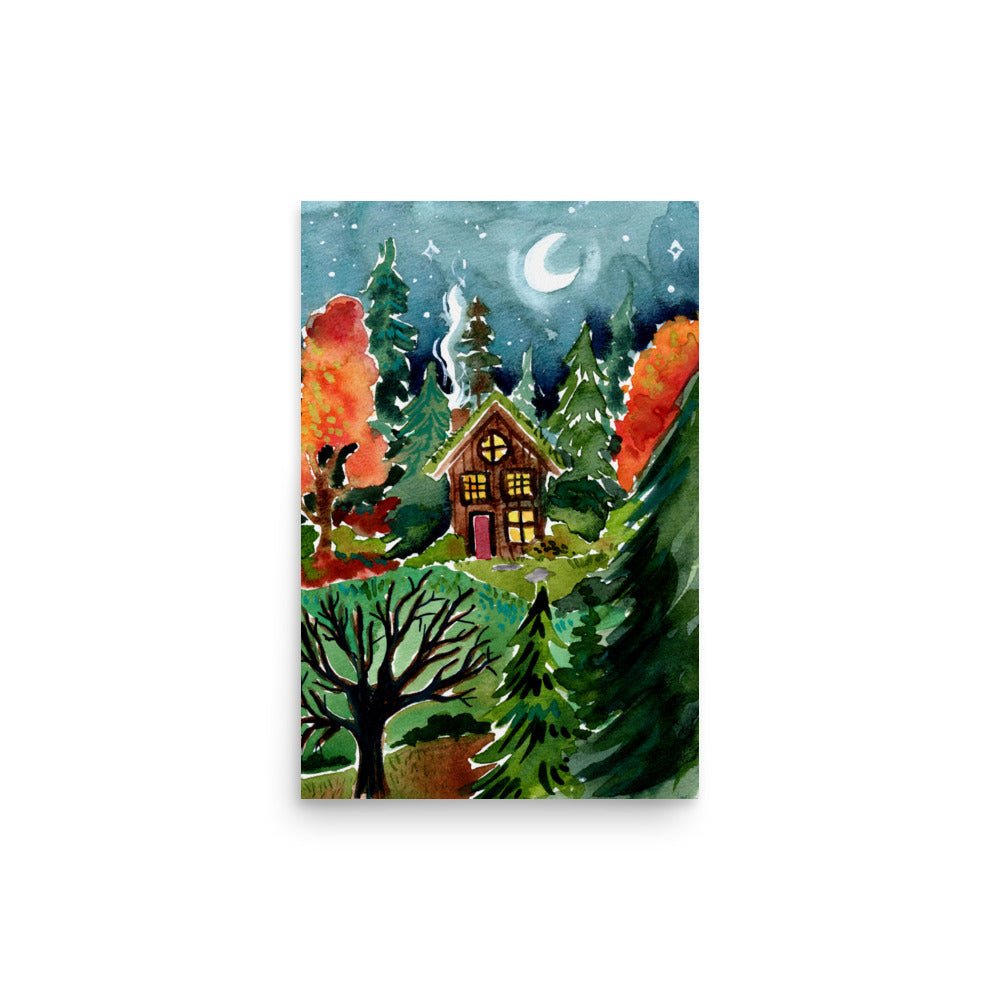 Cozy Autumn Night Forest Poster • Watercolor Cabin in the Woods Wall Art • Moonlit Nature Scene Illustration Print - SANDRAAS