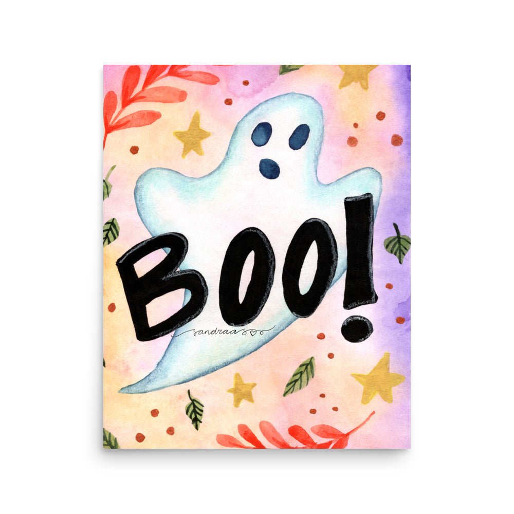 Cute Ghost Halloween Poster 👻🎃 | Watercolor Illustration with ‘Boo!’ Text – Spooky Cute Wall Art - SANDRAAS