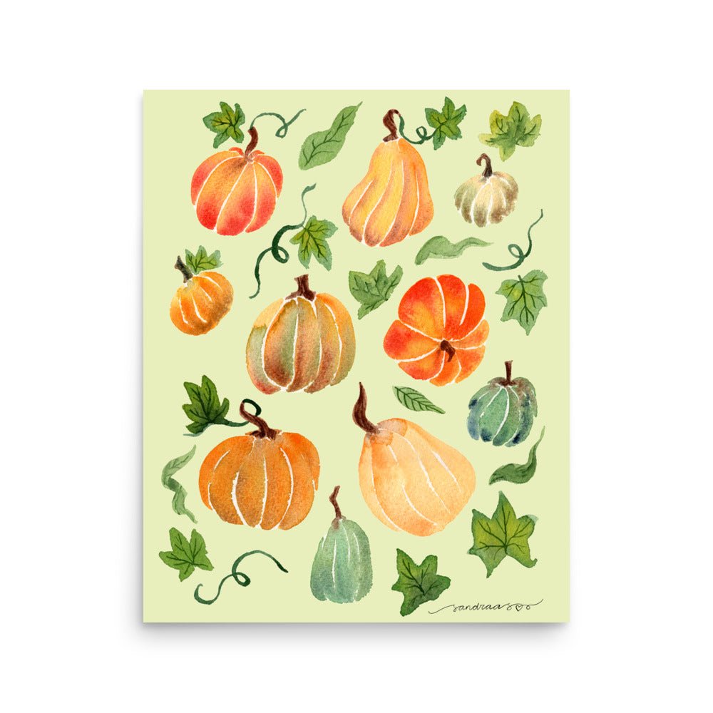 Watercolor Pumpkin Poster • Cozy Autumn Fall Wall Art • Orange Pumpkins on Light Green Background Illustration Print - SANDRAAS