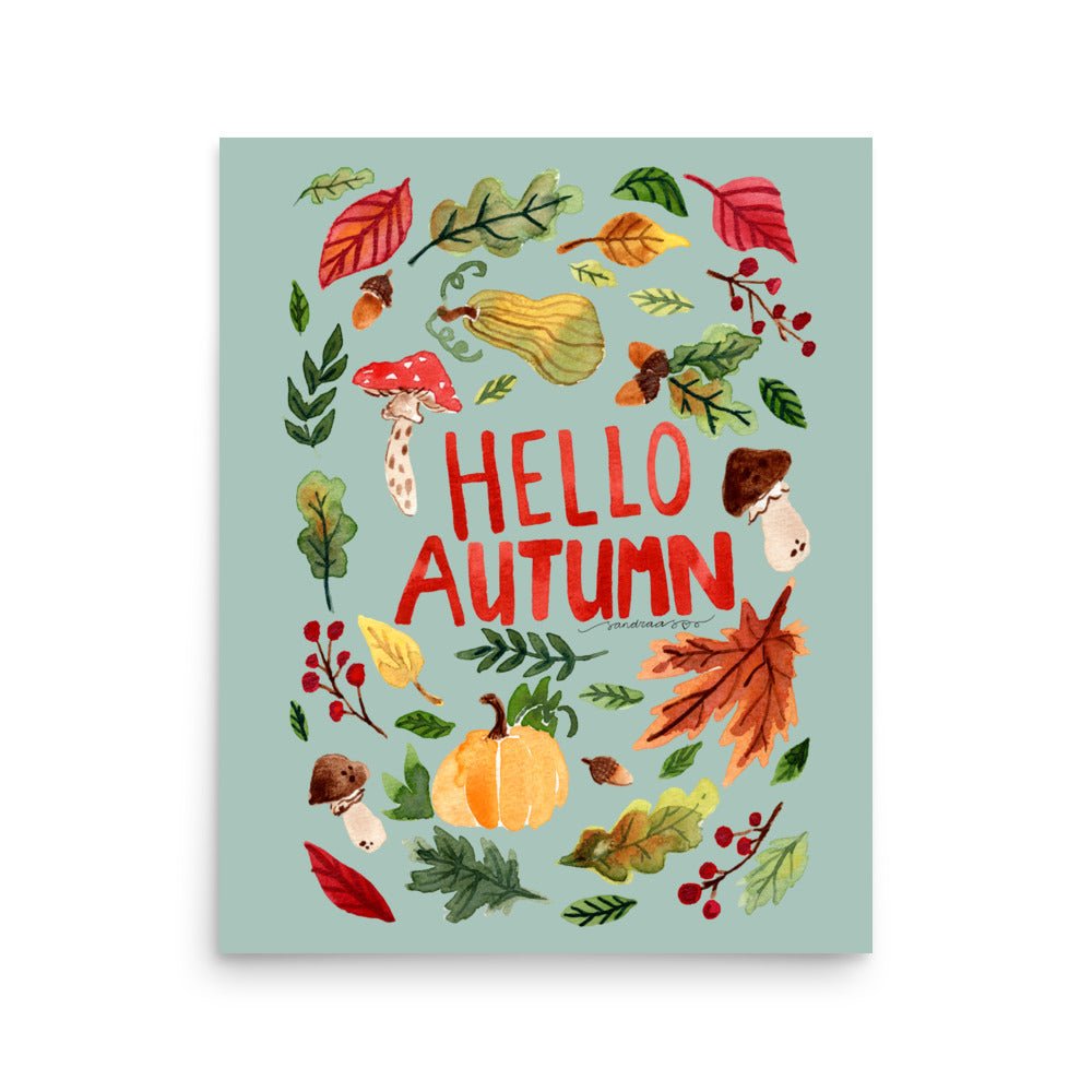 Hello Autumn Poster • Watercolor Pumpkin, Toadstool & Fall Leaves Wall Art • Seasonal Cozy Green Background Illustration Print - SANDRAAS