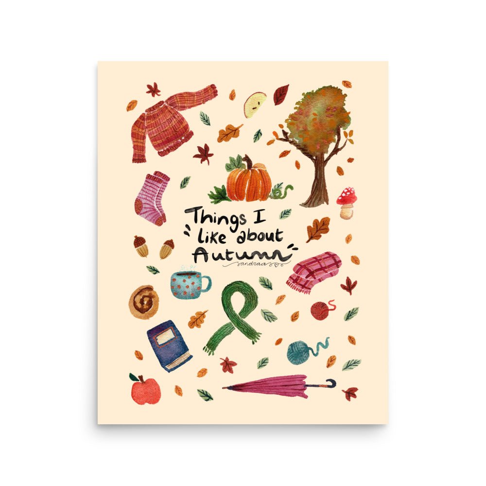 Things I Like About Autumn Poster • Watercolor Cozy Sweater, Pumpkin, Socks & Tea Wall Art • Hygge Fall Illustration Print - SANDRAAS