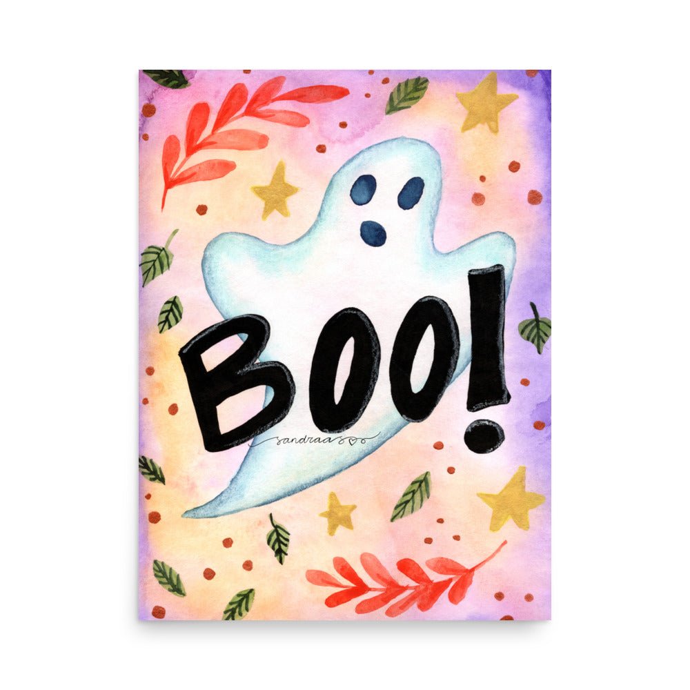 Cute Ghost Halloween Poster 👻🎃 | Watercolor Illustration with ‘Boo!’ Text – Spooky Cute Wall Art - SANDRAAS