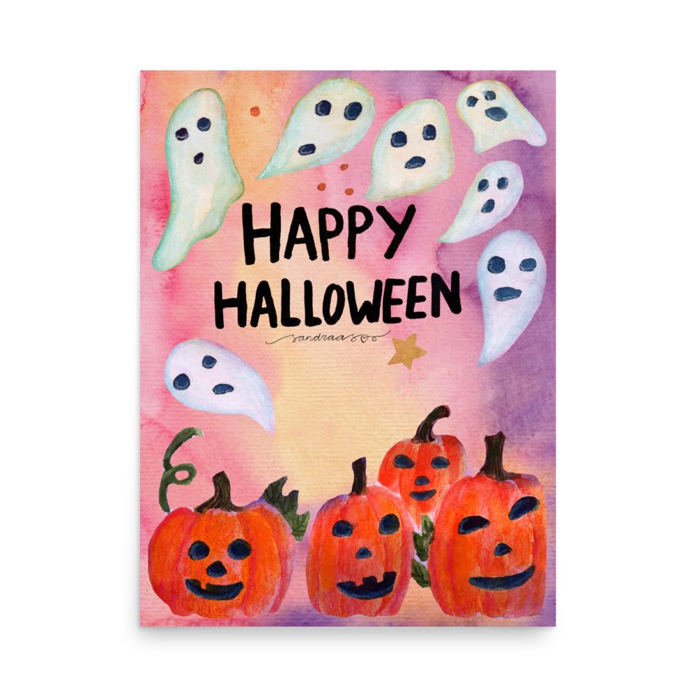 "Happy Halloween Poster 🎃👻 | Watercolor Pumpkins & Ghosts Illustration – Spooky Cute Wall Art" - SANDRAAS