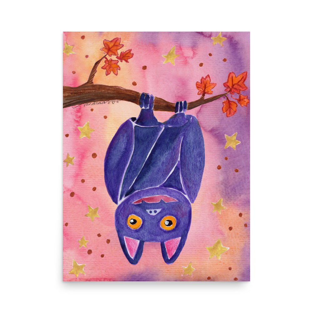Whimsical Bat Poster 🦇🌙 | Cute Watercolor Illustration Hanging from Tree Branch – Spooky Cute Wall Art - SANDRAAS