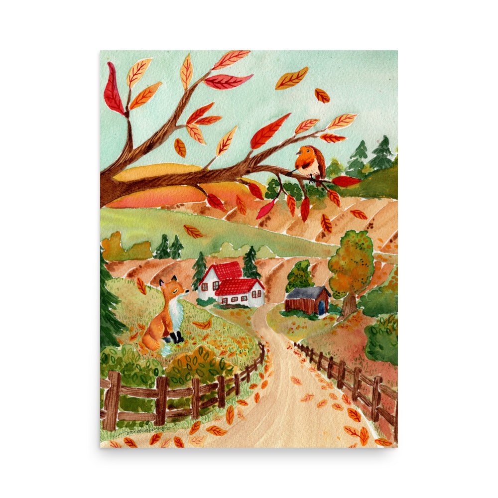 Cozy Autumn Landscape Watercolor Poster • Fox, Barn & Falling Leaves Fall Wall Art • Rustic Countryside Illustration Print - SANDRAAS