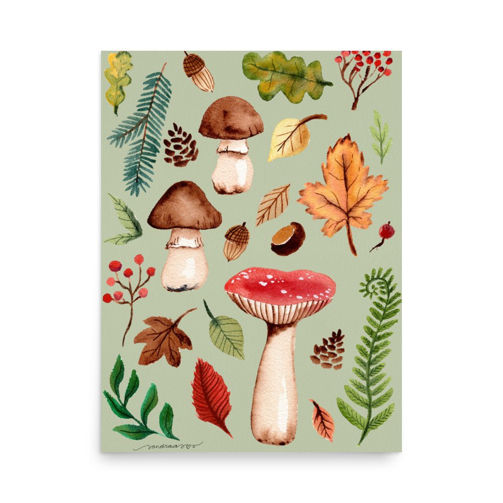 Autumn Mushrooms & Leaves Watercolor Poster • Cozy Fall Nature Wall Art • Botanical Woodland Illustration Print - SANDRAAS
