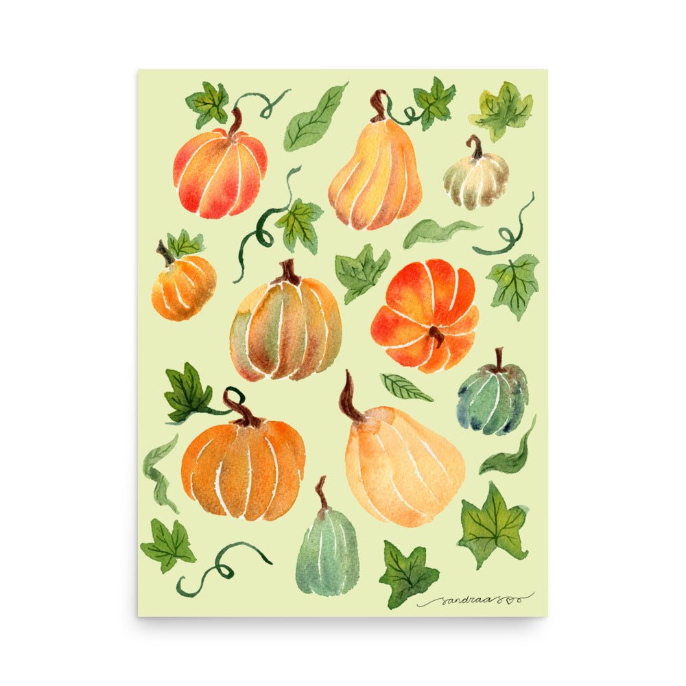 Watercolor Pumpkin Poster • Cozy Autumn Fall Wall Art • Orange Pumpkins on Light Green Background Illustration Print - SANDRAAS