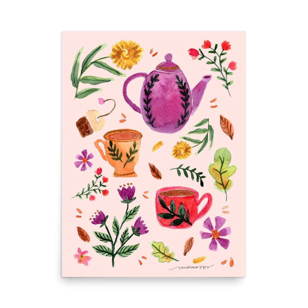 Cozy Autumn Tea Poster • Watercolor Teapot, Teacups & Fall Leaves Wall Art • Hygge Seasonal Illustration Print - SANDRAAS