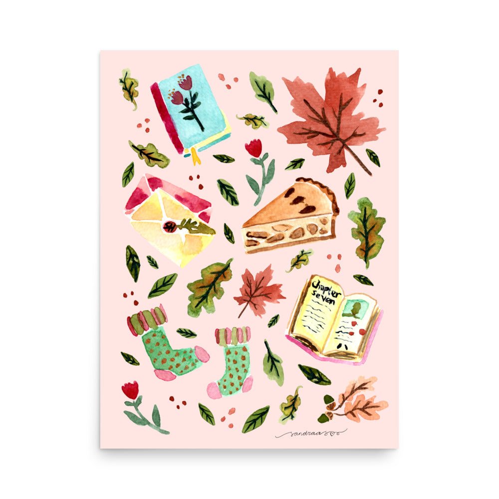 Cozy Autumn Comforts Poster • Watercolor Books, Apple Pie, Socks & Fall Leaves Wall Art • Seasonal Hygge Illustration Print - SANDRAAS