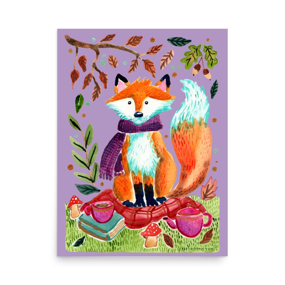 Whimsical Autumn Fox Picnic Poster • Watercolor Woodland Animal Wall Art • Cozy Fall Illustration with Scarf & Blanket - SANDRAAS