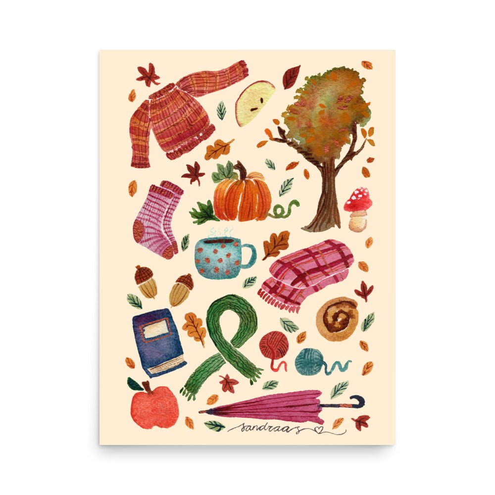 All Things Cozy Autumn Poster • Watercolor Sweater, Pumpkin, Socks & Tea Wall Art • Hygge Fall Illustration Print - SANDRAAS