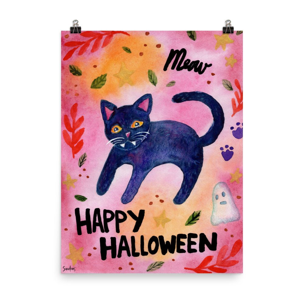 Halloween Black Cat "Meow" Poster – Spooky & Cute Decor 🎃🐈⬛ - SANDRAAS