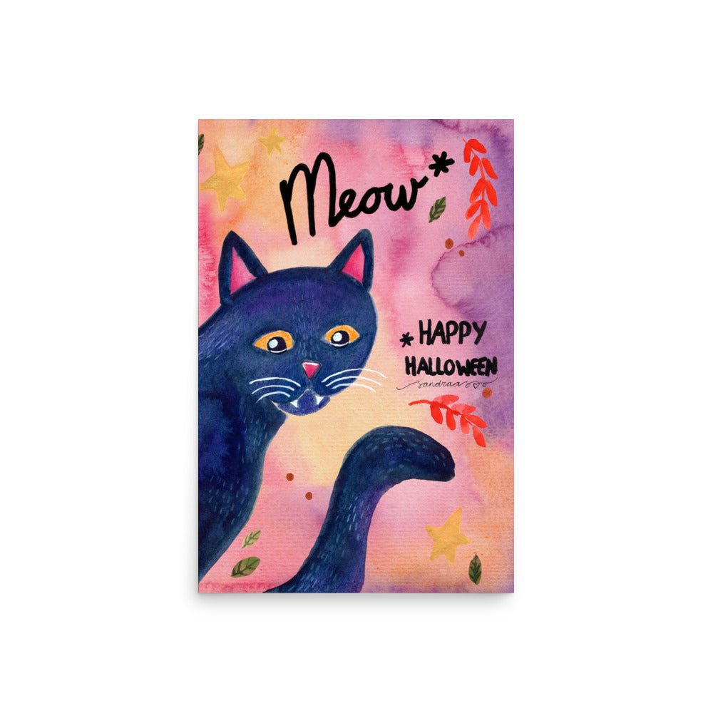 Whimsical Black Cat Halloween Poster 🎃🐾 | Watercolor Illustration + Hand Lettered ‘Meow, Happy Halloween’ - SANDRAAS
