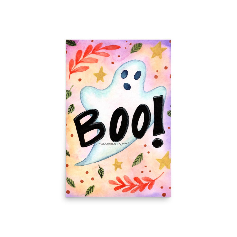 Cute Ghost Halloween Poster 👻🎃 | Watercolor Illustration with ‘Boo!’ Text – Spooky Cute Wall Art - SANDRAAS