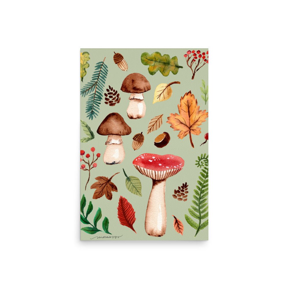 Autumn Mushrooms & Leaves Watercolor Poster • Cozy Fall Nature Wall Art • Botanical Woodland Illustration Print - SANDRAAS