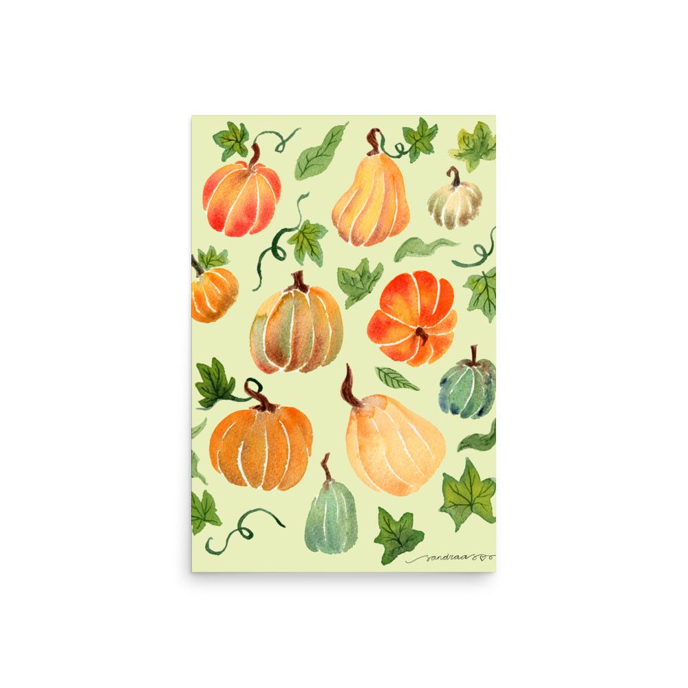 Watercolor Pumpkin Poster • Cozy Autumn Fall Wall Art • Orange Pumpkins on Light Green Background Illustration Print - SANDRAAS