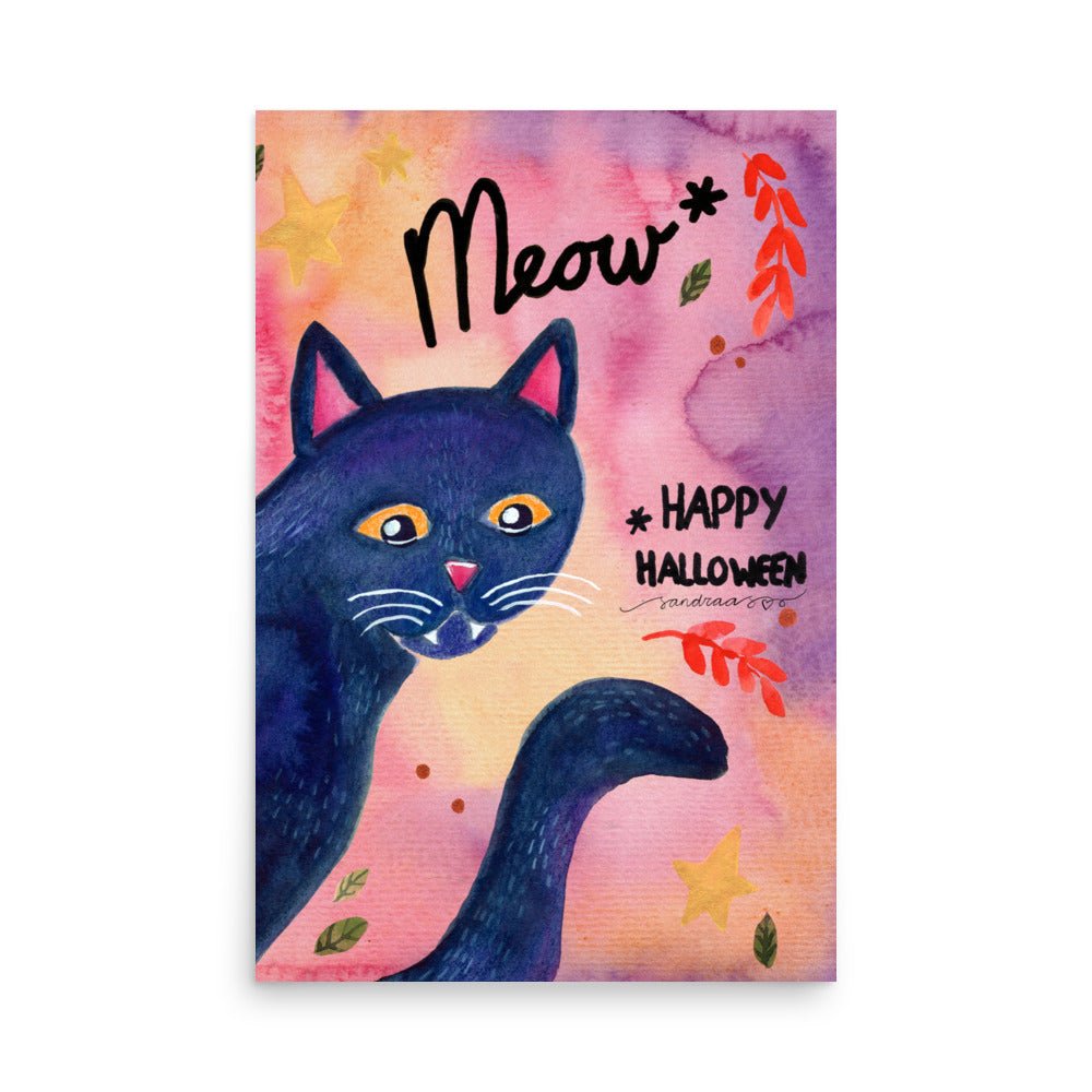 Whimsical Black Cat Halloween Poster 🎃🐾 | Watercolor Illustration + Hand Lettered ‘Meow, Happy Halloween’ - SANDRAAS