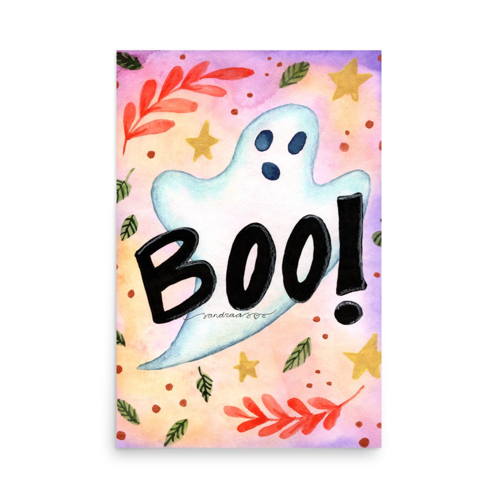 Cute Ghost Halloween Poster 👻🎃 | Watercolor Illustration with ‘Boo!’ Text – Spooky Cute Wall Art - SANDRAAS
