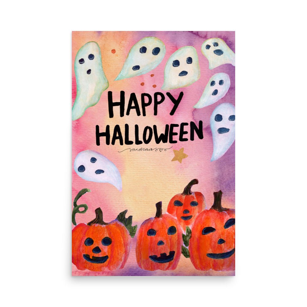 "Happy Halloween Poster 🎃👻 | Watercolor Pumpkins & Ghosts Illustration – Spooky Cute Wall Art" - SANDRAAS