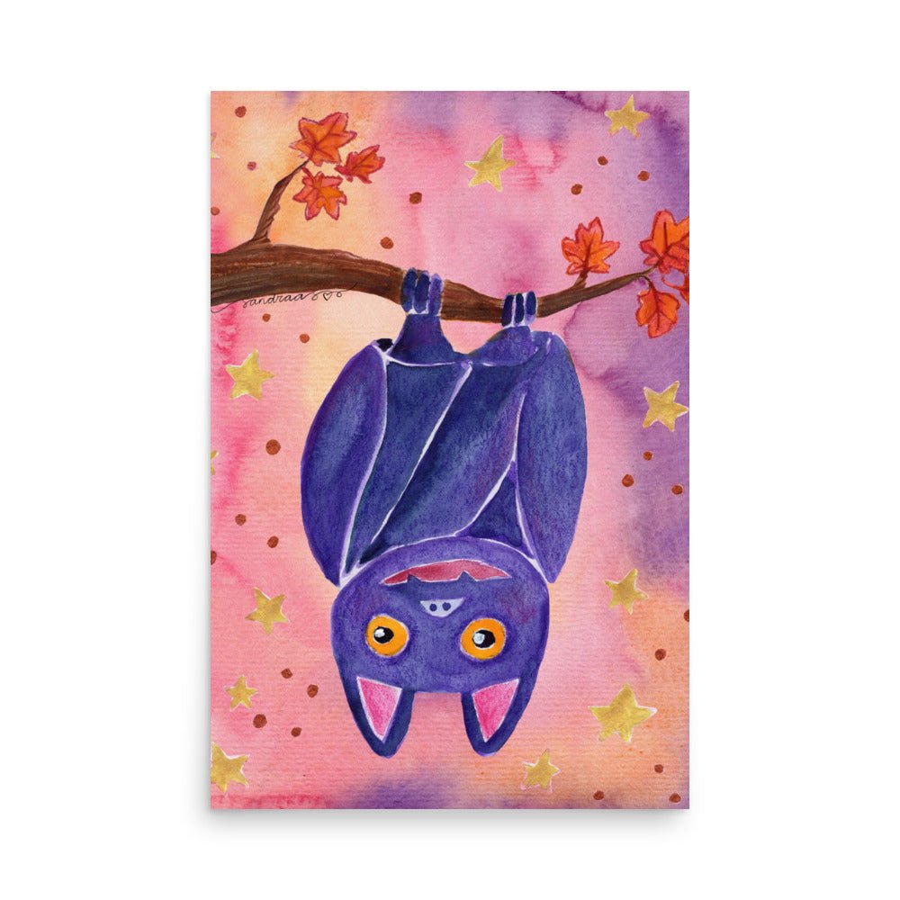 Whimsical Bat Poster 🦇🌙 | Cute Watercolor Illustration Hanging from Tree Branch – Spooky Cute Wall Art - SANDRAAS