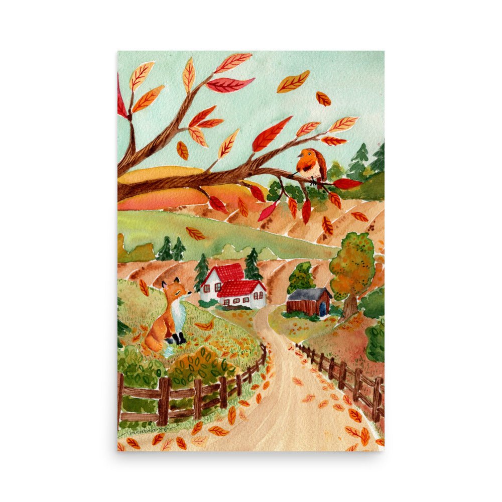 Cozy Autumn Landscape Watercolor Poster • Fox, Barn & Falling Leaves Fall Wall Art • Rustic Countryside Illustration Print - SANDRAAS