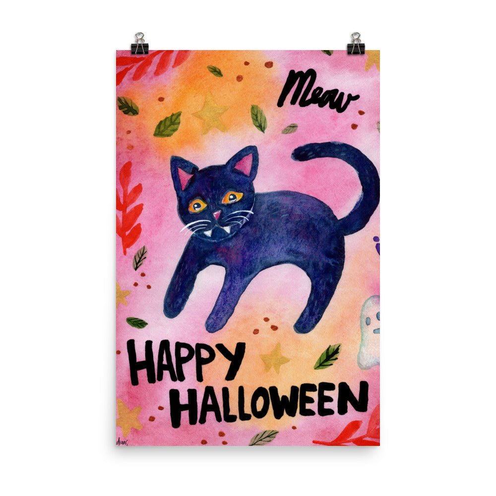 Halloween Black Cat "Meow" Poster – Spooky & Cute Decor 🎃🐈⬛ - SANDRAAS