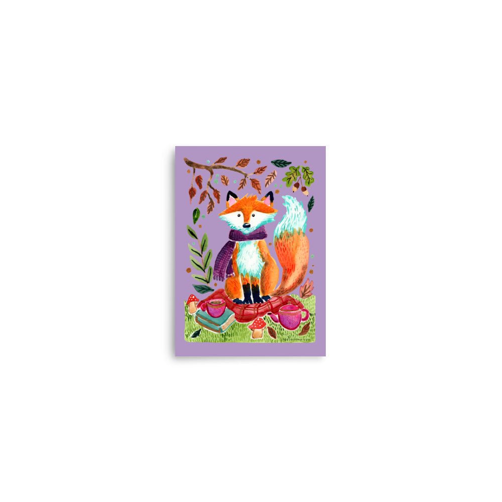 Whimsical Autumn Fox Picnic Poster • Watercolor Woodland Animal Wall Art • Cozy Fall Illustration with Scarf & Blanket - SANDRAAS