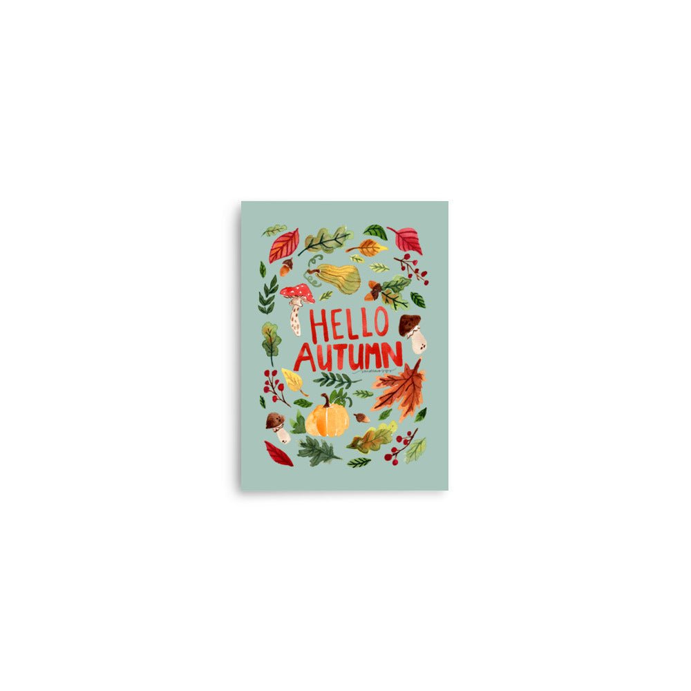 Hello Autumn Poster • Watercolor Pumpkin, Toadstool & Fall Leaves Wall Art • Seasonal Cozy Green Background Illustration Print - SANDRAAS