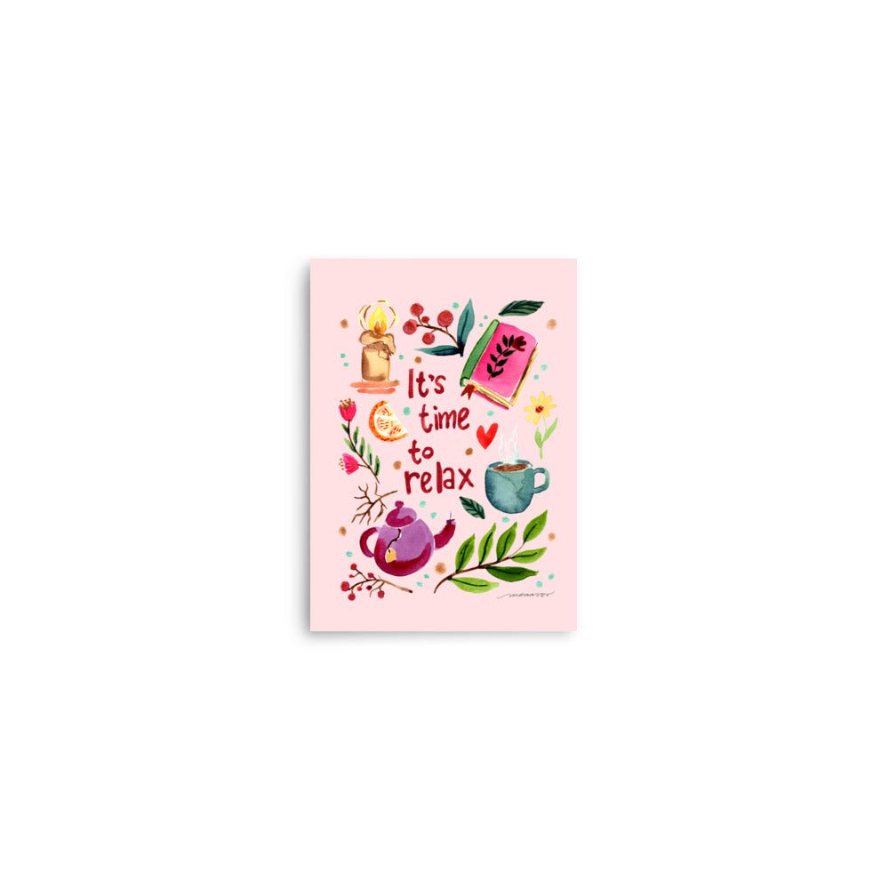 It’s Time to Relax Poster • Watercolor Autumn Books, Candle & Tea Wall Art • Cozy Fall Illustration on Pink Background - SANDRAAS