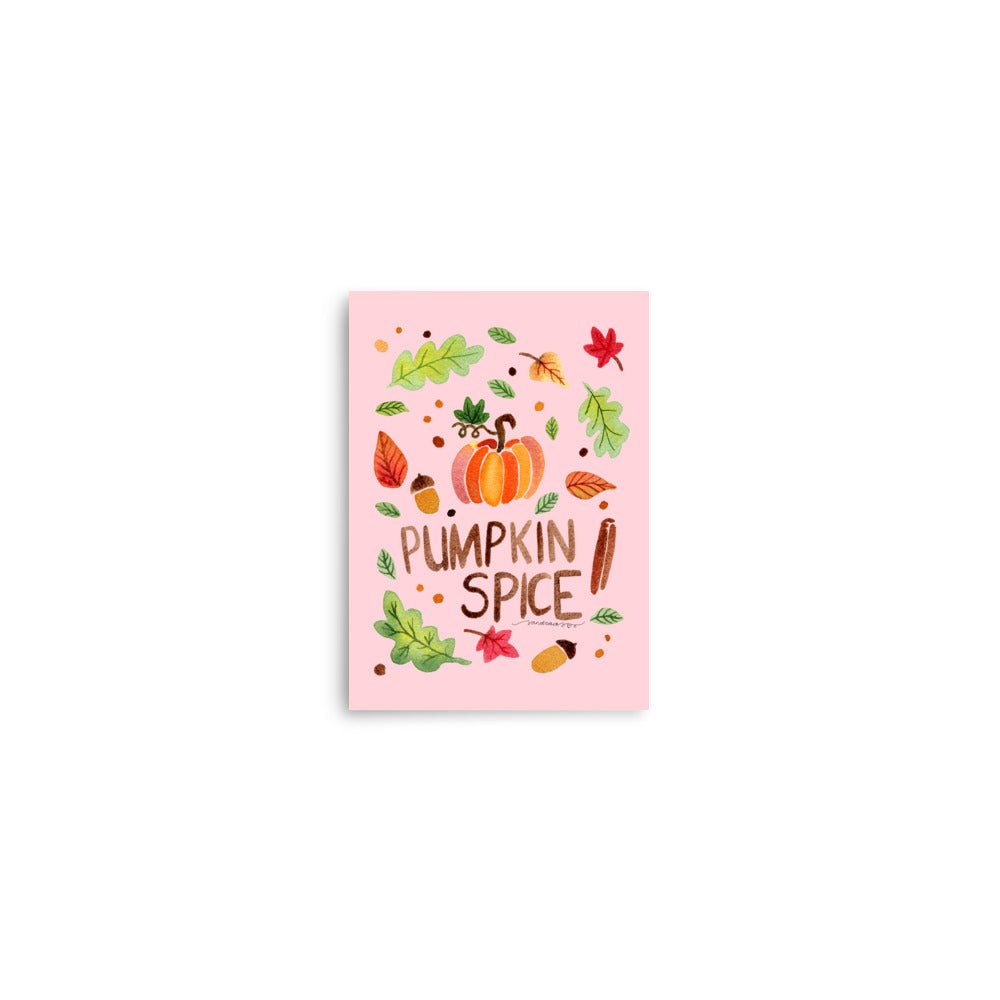Pumpkin Spice Poster • Watercolor Pumpkin, Cinnamon & Autumn Leaves Wall Art • Cozy Fall Illustration on Pink Background - SANDRAAS