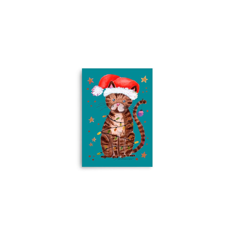 🎄 Christmas Cat Lights Poster – Whimsical Watercolor Cat in Santa Hat Wrapped in Christmas Lights 😺💡✨ Turquoise Background | Museum - Quality Matte Print - SANDRAAS