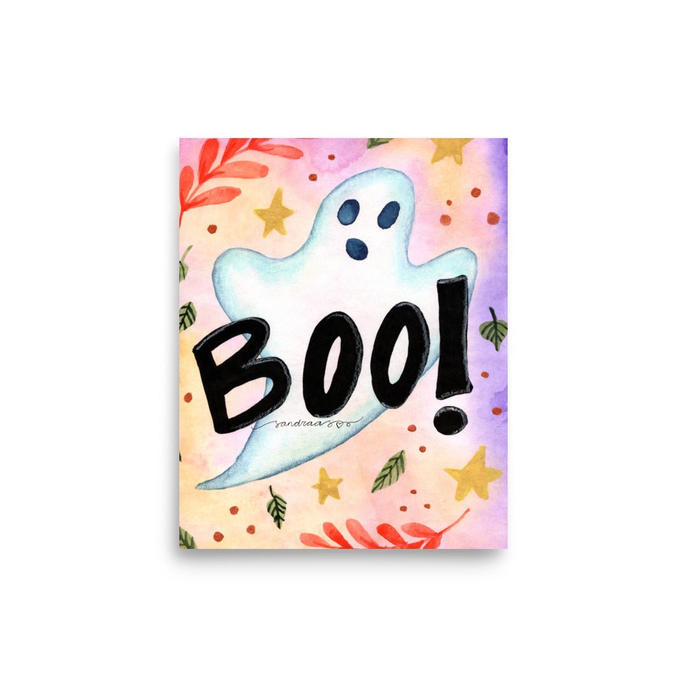 Cute Ghost Halloween Poster 👻🎃 | Watercolor Illustration with ‘Boo!’ Text – Spooky Cute Wall Art - SANDRAAS