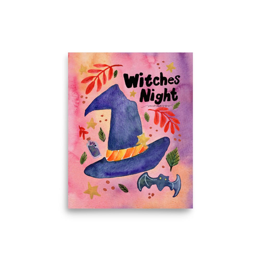 Witches Night Halloween Poster 🧙♀️🌙✨ | Watercolor Witch - Themed Illustration + Text – Spooky Cute Wall Art - SANDRAAS