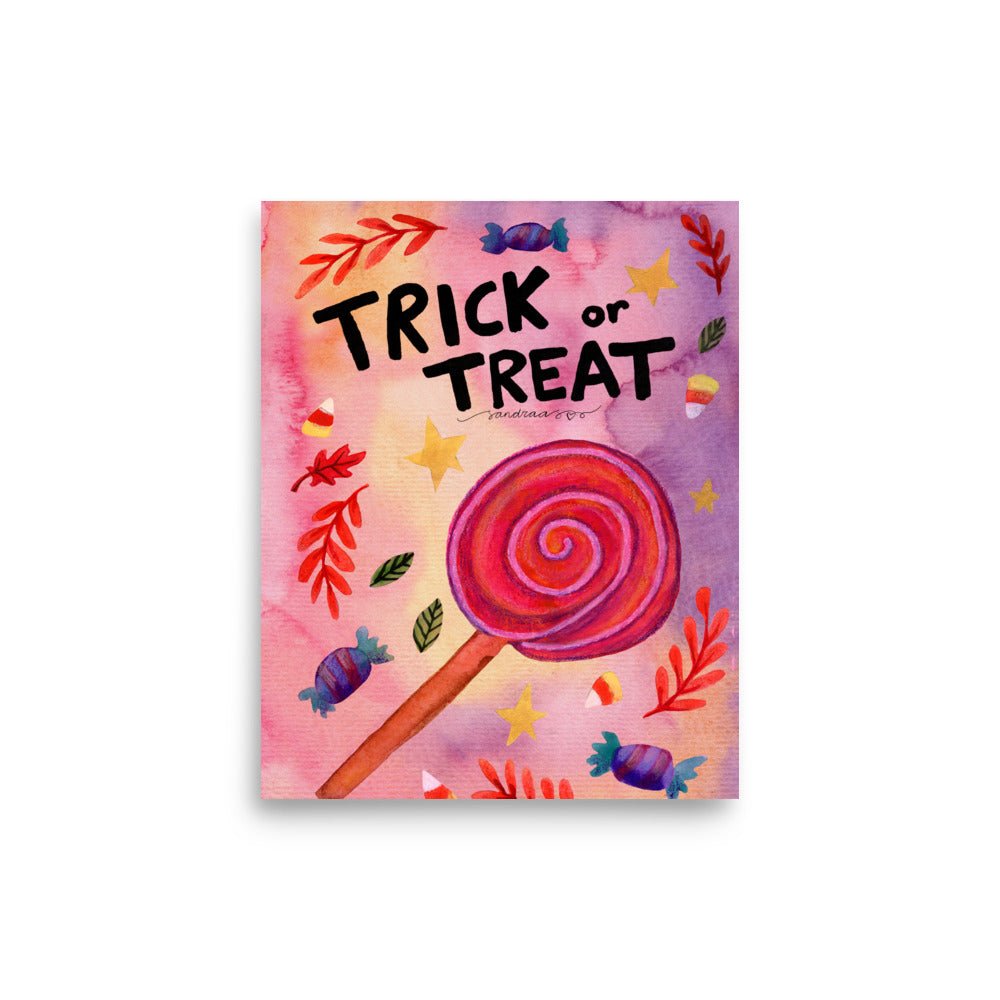 Trick or Treat Halloween Poster 🎃🍬👻 | Watercolor Illustration + Hand Lettered Text – Spooky Cute Wall Art - SANDRAAS