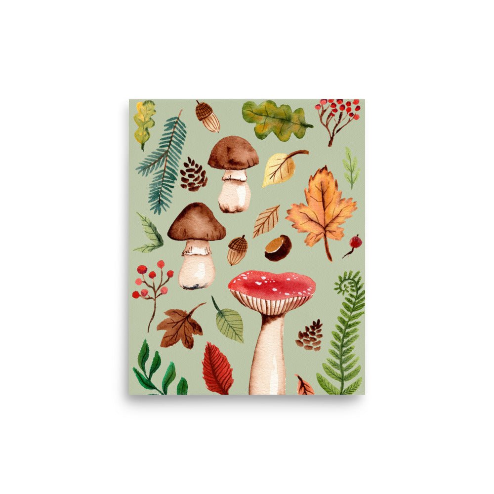Autumn Mushrooms & Leaves Watercolor Poster • Cozy Fall Nature Wall Art • Botanical Woodland Illustration Print - SANDRAAS