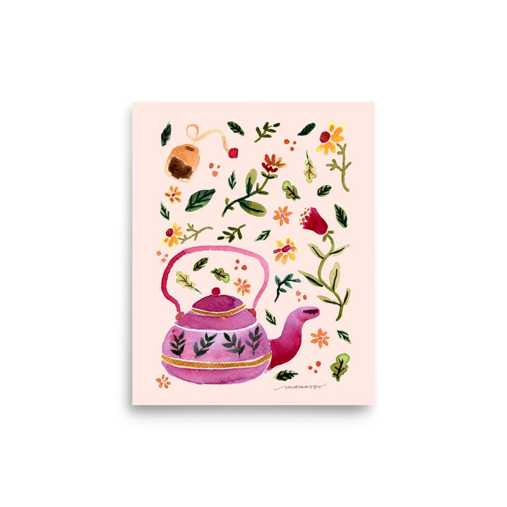 Watercolor Autumn Tea Time Poster • Cozy Teapot, Cups & Fall Leaves Wall Art • Rustic Seasonal Illustration Print - SANDRAAS