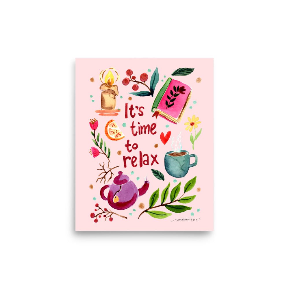It’s Time to Relax Poster • Watercolor Autumn Books, Candle & Tea Wall Art • Cozy Fall Illustration on Pink Background - SANDRAAS