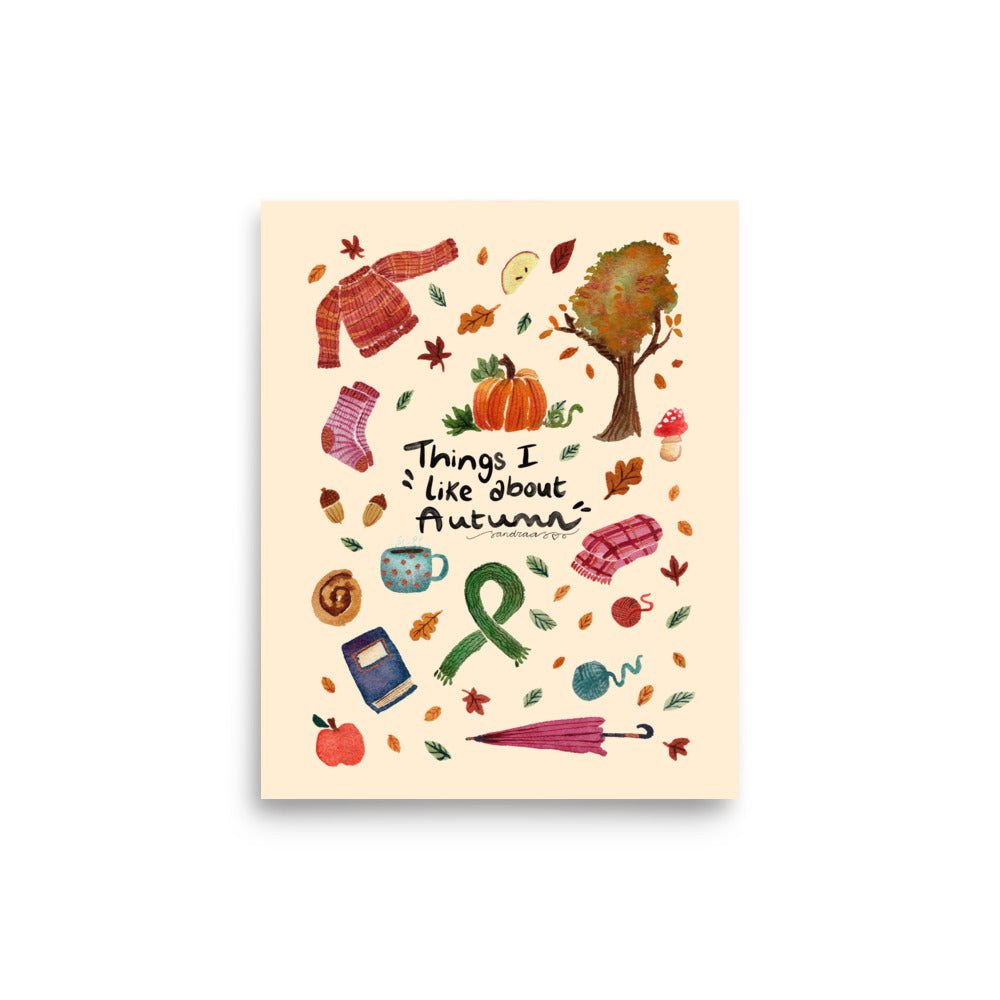 Things I Like About Autumn Poster • Watercolor Cozy Sweater, Pumpkin, Socks & Tea Wall Art • Hygge Fall Illustration Print - SANDRAAS
