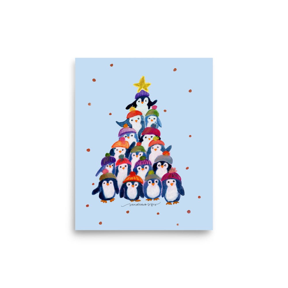 🎄 Penguin Christmas Tree Poster – Whimsical Watercolor Penguins in Hats & Scarves 🐧✨ Light Blue Background | Museum - Quality Matte Print - SANDRAAS